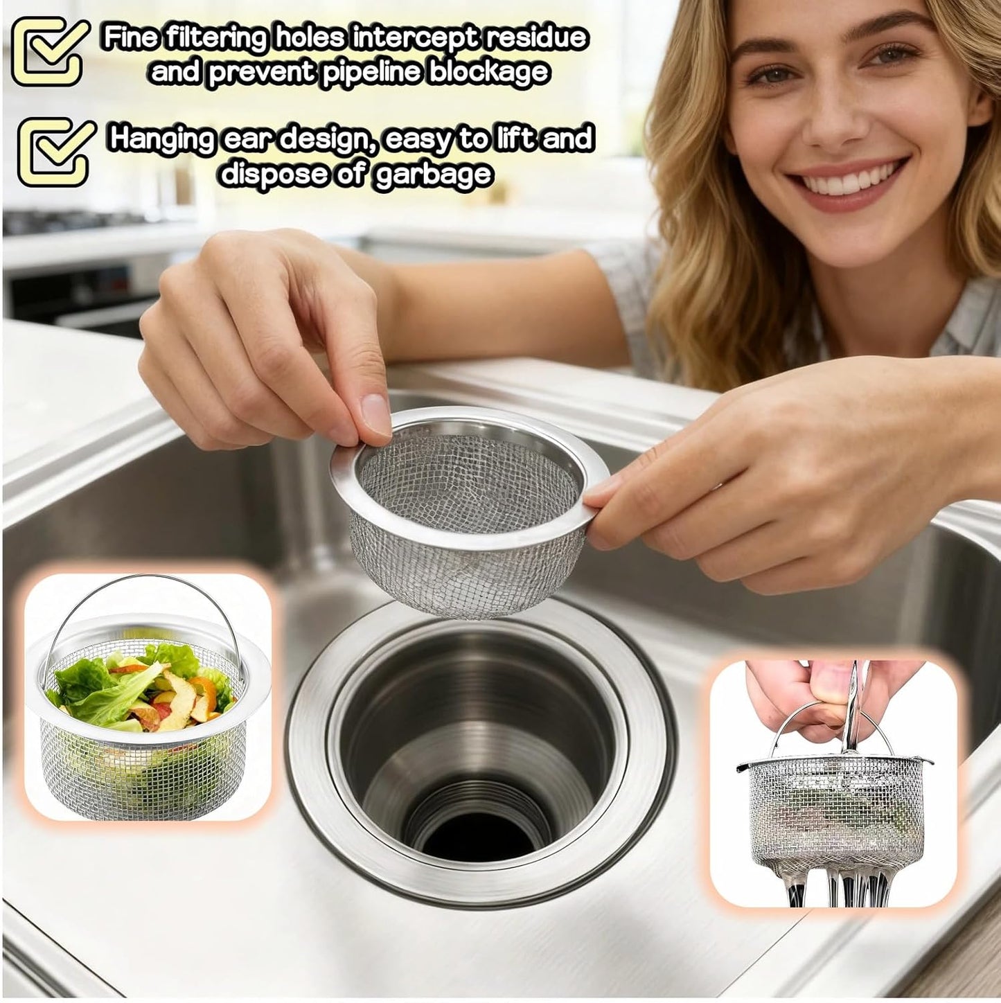 3" Kitchen Sink Strainer, 2-Pack Fine Mesh Basket - Catches Food Waste, Hair & Prevents Clogs, Rust-Proof Stainless Steel, Fits Standard Drain