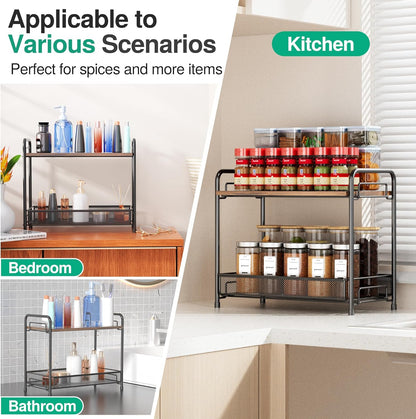 Spice Rack Organizer for Countertop,Xpatee 2-Tier Foldable Metal Rust-Proof Standing Large Seasoning Storage Shelf with Guardrail and Mesh Design for Kitchen Cabinet Bathroom Living Room Pantry, Black