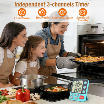 Digital Dual Triple Kitchen Timer, 3 Channels Magnetic Countdown Stopwatch Timer for Cooking, Loud Alarm Large Display Multi Food Memory Timer for Seniors & Teachers Battery Included (Blue)