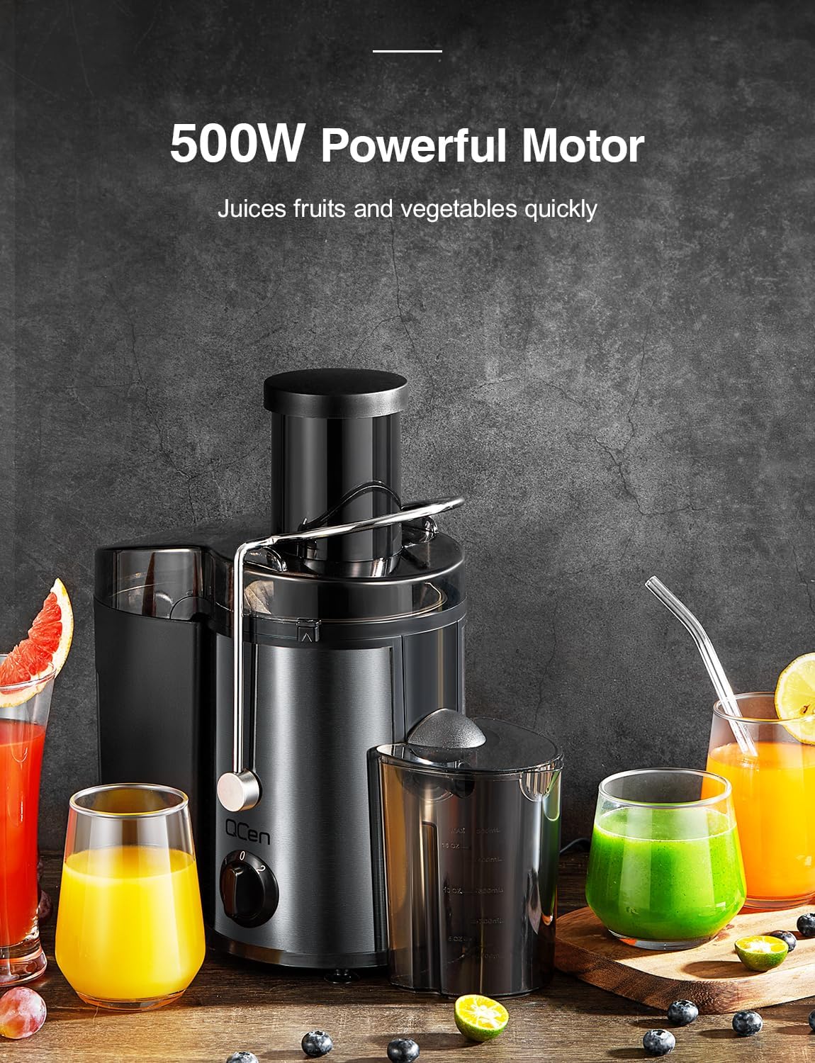 Qcen Juicer Machine, 500W Centrifugal Juicer Extractor with Wide Mouth 3” Feed Chute for Fruit Vegetable, Easy to Clean, Stainless Steel, BPA-free (Black)
