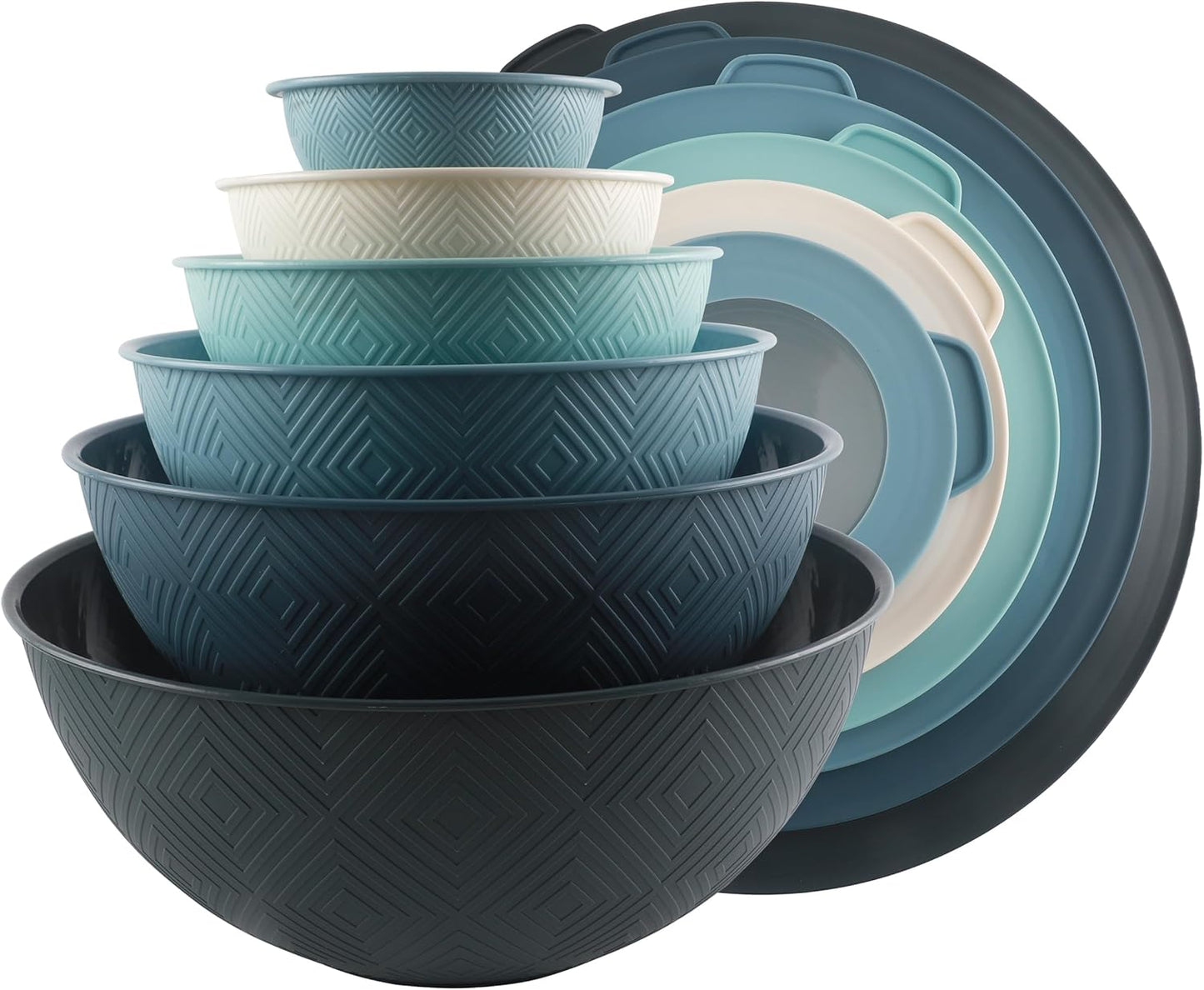 COOK WITH COLOR Mixing Bowls with Lids - 12 Piece Plastic Nesting Bowls Set includes 6 Prep Bowls and 6 Lids, Microwave Safe Mixing Bowl Set, Black Embossed - Colors B