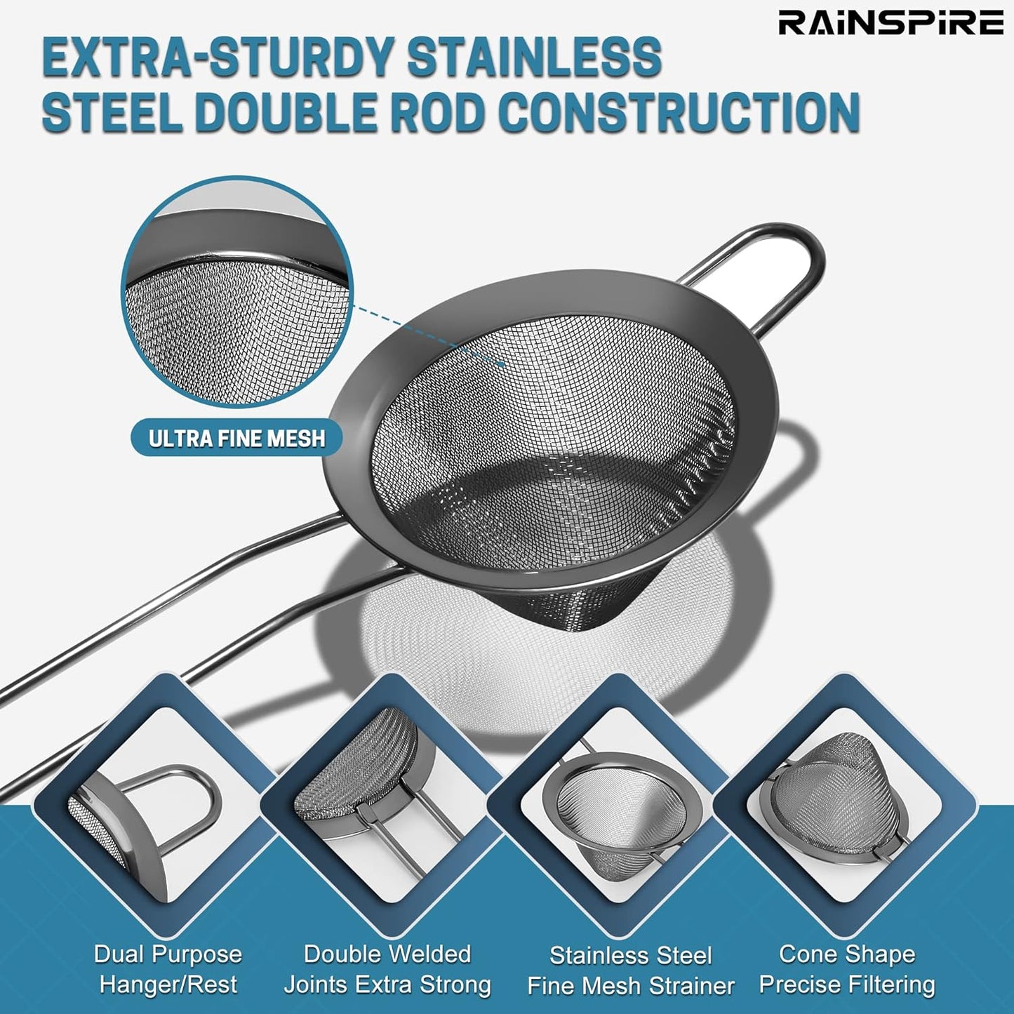 Upgraded 3.3" 304 Stainless Steel Fine Mesh Strainers for Kitchen, Cocktail Strainer Tea Coffee Juice Strainer Food Strainer Mini Sieve Strainer, Silver