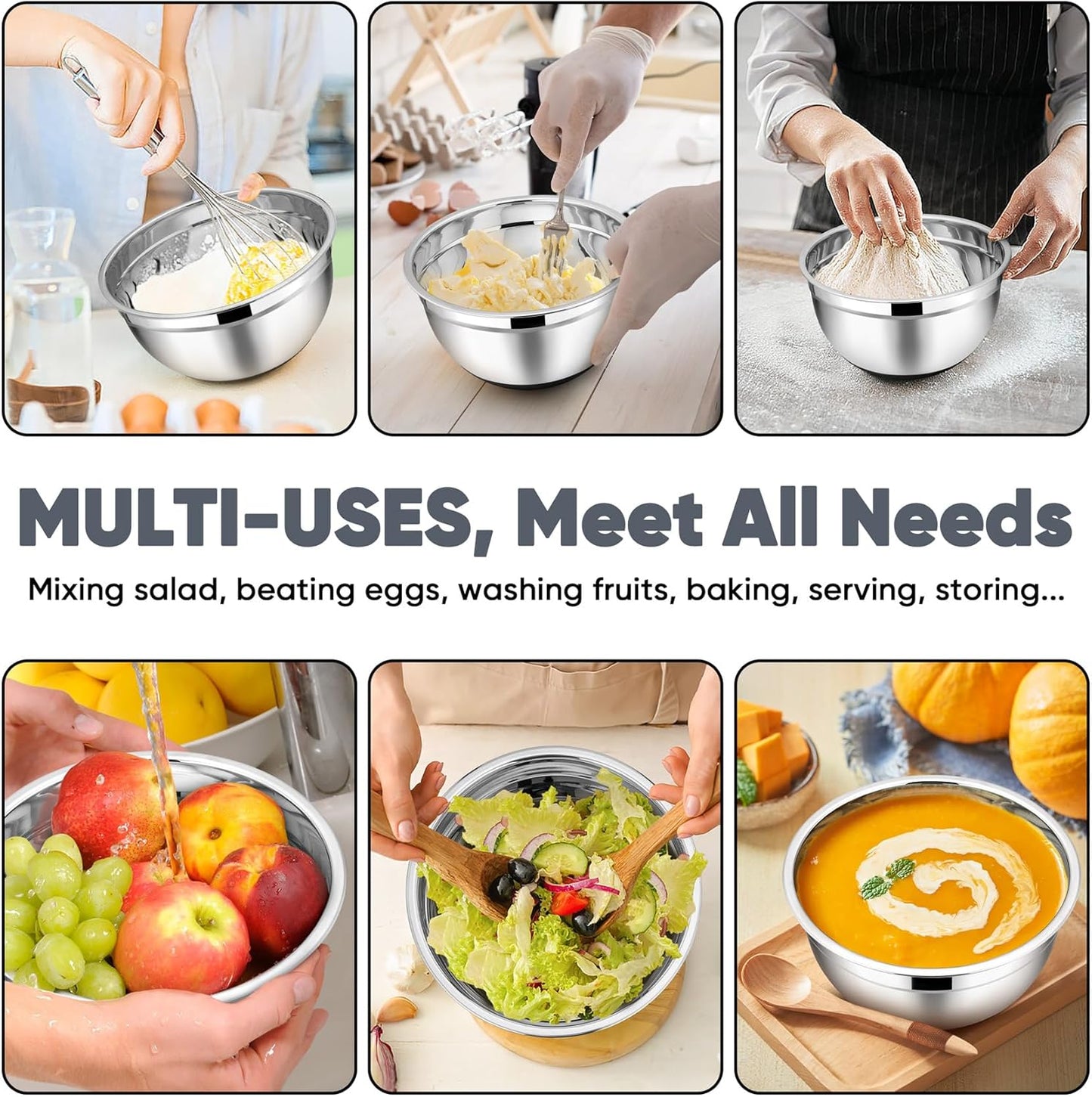 TeamFar Mixing Bowls with Lids Set, 7/3.5/2.5/1.5/1 QT, Stainless Steel Large Red Nesting Metal Salad Mixing Bowl Set of 5, Healthy & Easy Clean, Airtight Lid & Non-slip Bottom