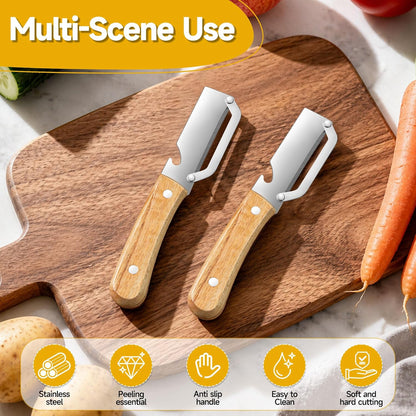 Multifunctional Vegetable Peeler, 2-in-1 kitchen peeler equipped with bottle opener, Zero Snag Wooden Kitchen Tool, Stainless Steel Peelers for Kitchen, Suitable for Fruits and Vegetables (1PCS)