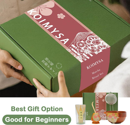 Matcha Whisk Set, 5 Pcs Traditional Japanese Matcha Whisk Preparation Kit, White Glossy Ceramic Bowl with Black Cat and Strawberry Pattern