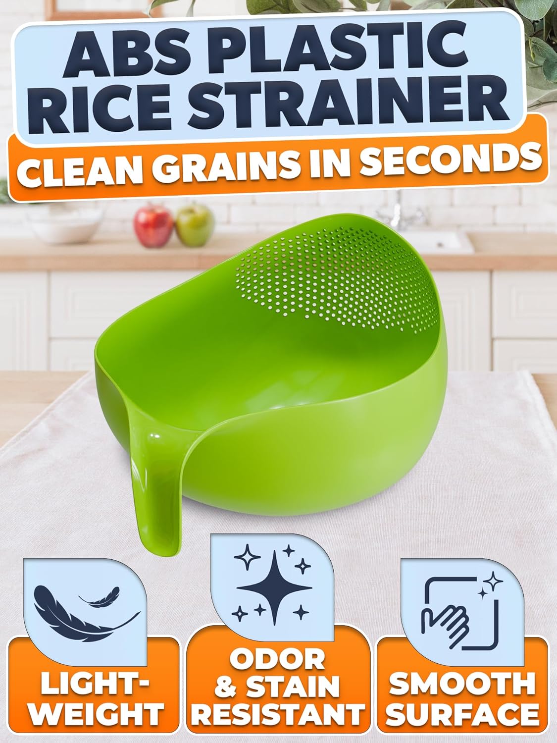 Rice Strainer with Handle - Lightweight Rice Washer Strainer Bowl with Smart Design for Easy Water Draining, Easy to Use & Clean ABS Plastic Colander with Handle for Cereals, Pasta, Vegetables, Fruits