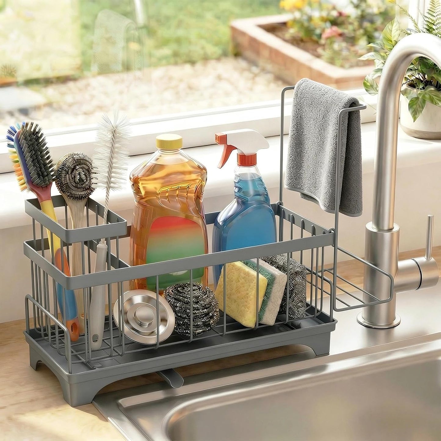 Sponge Holder for Kitchen Sink, Sink Caddy Organizer with Detachable Cloth & Brush Holder, Self-Draining Sponge Caddy Organizer with 360° Rotatable Spout, Kitchen Countertop Storage Accessories(White)