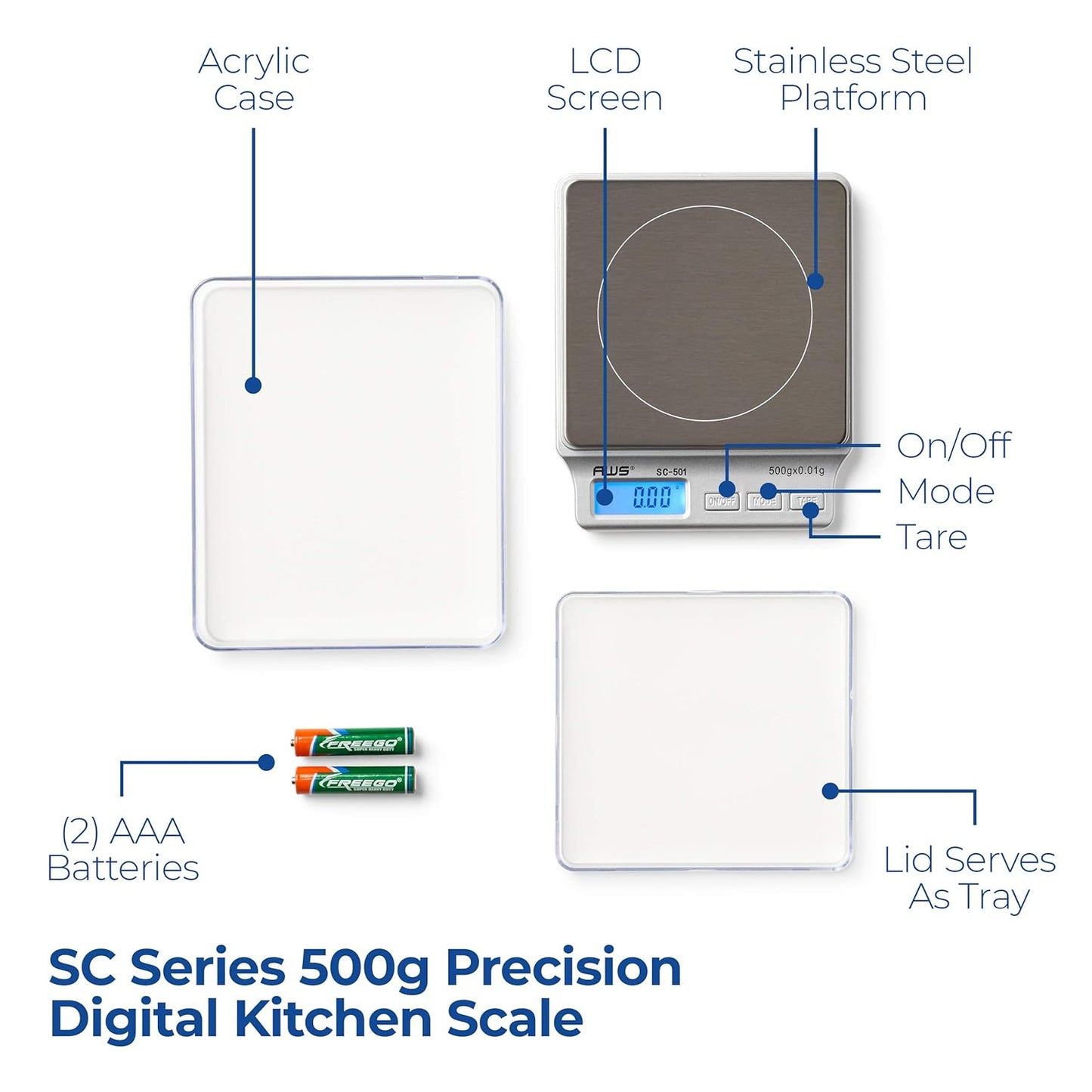 American Weigh Scales SC Series Precision Digital Kitchen Weight Scale, Food Measuring Scale, 2kg x 0.1g (Silver), AMW-SC-2KG (500g x 0.01g)