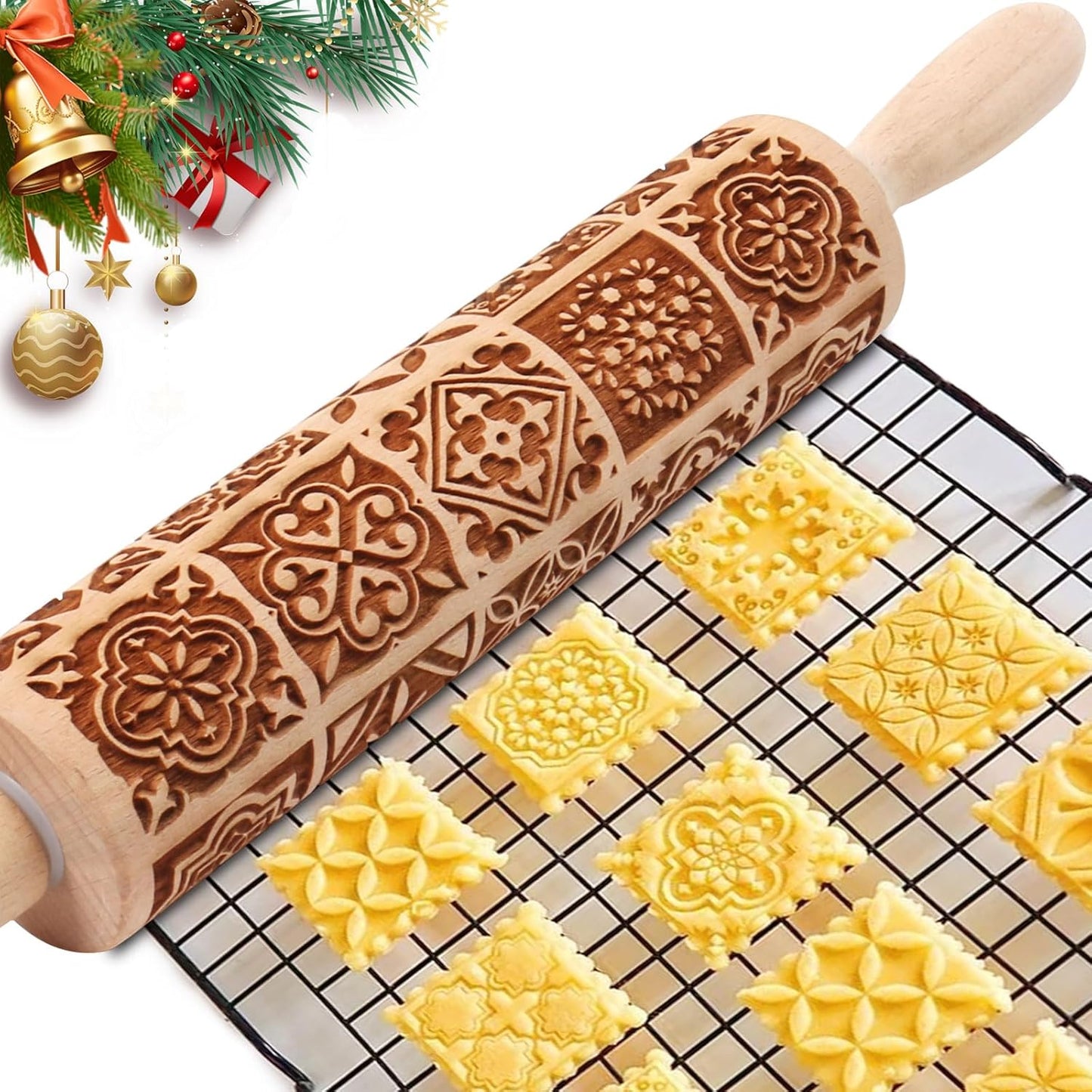 Floral Vine Embossed Rolling Pins for Cookies, Wooden Engraved Rolling Pins for Baking, Embossing Rolling Pins with Designs, Patterned Rolling Pin Decorative Springerle Mold Stamp Clay Pattern Roller
