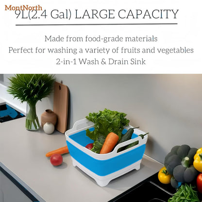 MontNorth Collapsible Wash Basin 9L, Foldable Dish Tub with Drain Plug, Portable Collapsible Dish Basin, Camping Sink for Washing Dishes, Laundry & Kitchen Use,Gray