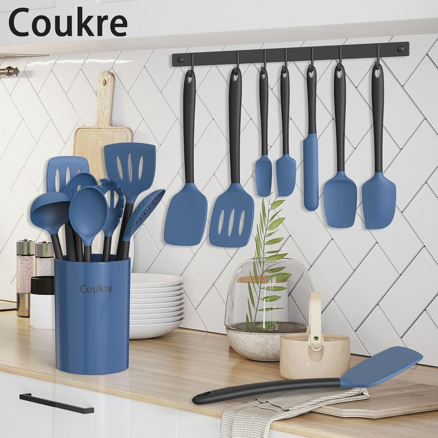 Coukre Silicone Kitchen Cooking Utensils Set with Holder – Heat-Resistant, Food-Grade Kitchen Tools, Spatula, Spoon & Gadgets for Non-Stick Pans, Dishwasher Safe (14, PureBlack)
