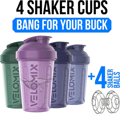 VELOMIX -4 PACK- 20 oz Protein Shaker Bottle for Protein Mixes - 4x Wire Whisk | Leak Proof Shaker Cups for Protein Shakes | Stackable Protein Shaker Bottle Pack | Dishwasher Safe (Blue Mirage)