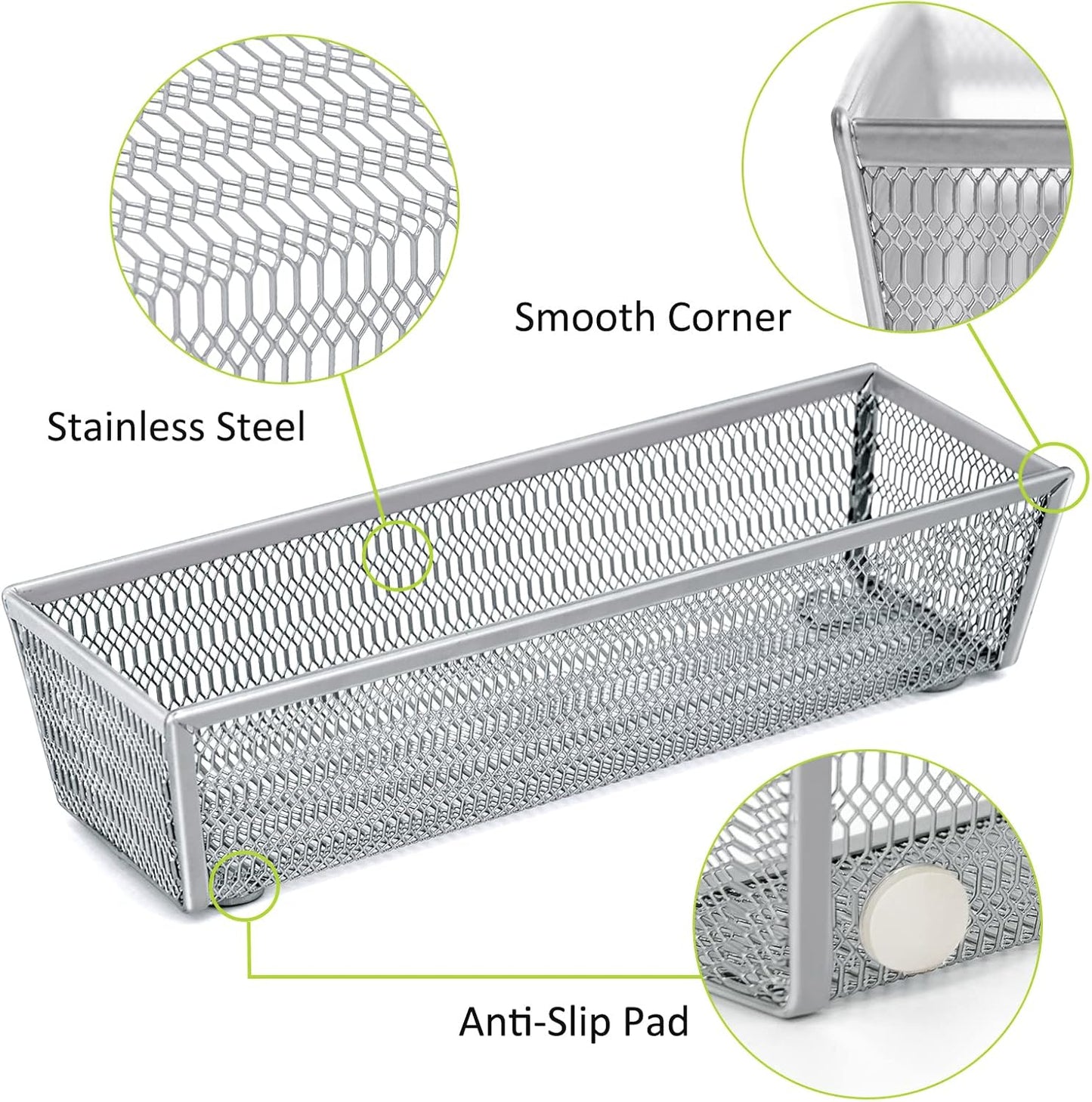 Neudeco Silverware Drawer Organizer - 5 Compartment Cutlery Tray with Non-Slip Feet, Mesh Wire Flatware Storage Divider for Kitchen, Bedroom, Living Room (Silver)