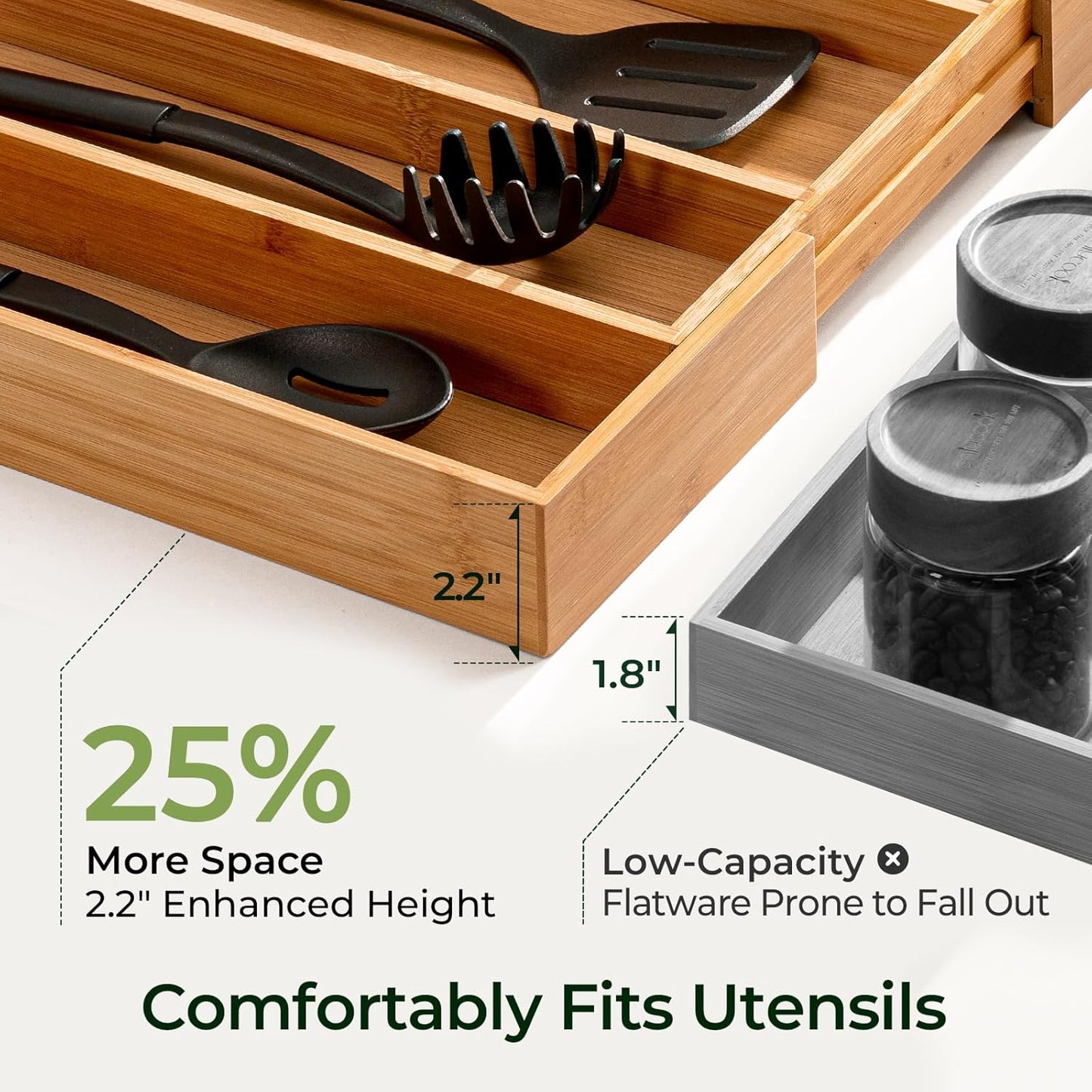 keechee Carbonized Bamboo Kitchen Drawer Organizer, 10 Slots Expandable Silverware Organizer, Utensil Holder & Cutlery Tray, 2.2" Deep for Extra Capacity, Non-Slip Feet Included