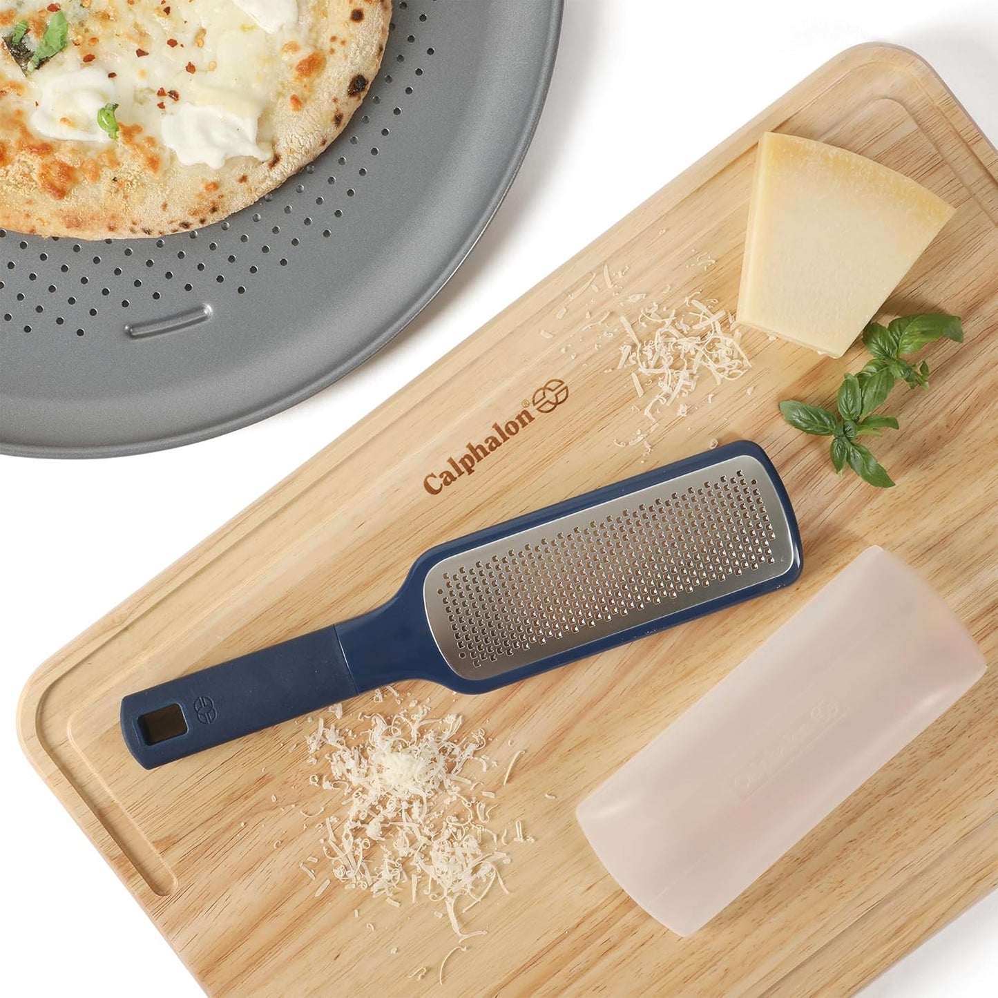 Calphalon Prime Stainless Steel Handheld Grater Lemon Zester W/Cover & Rubber Handle - Navy Blue