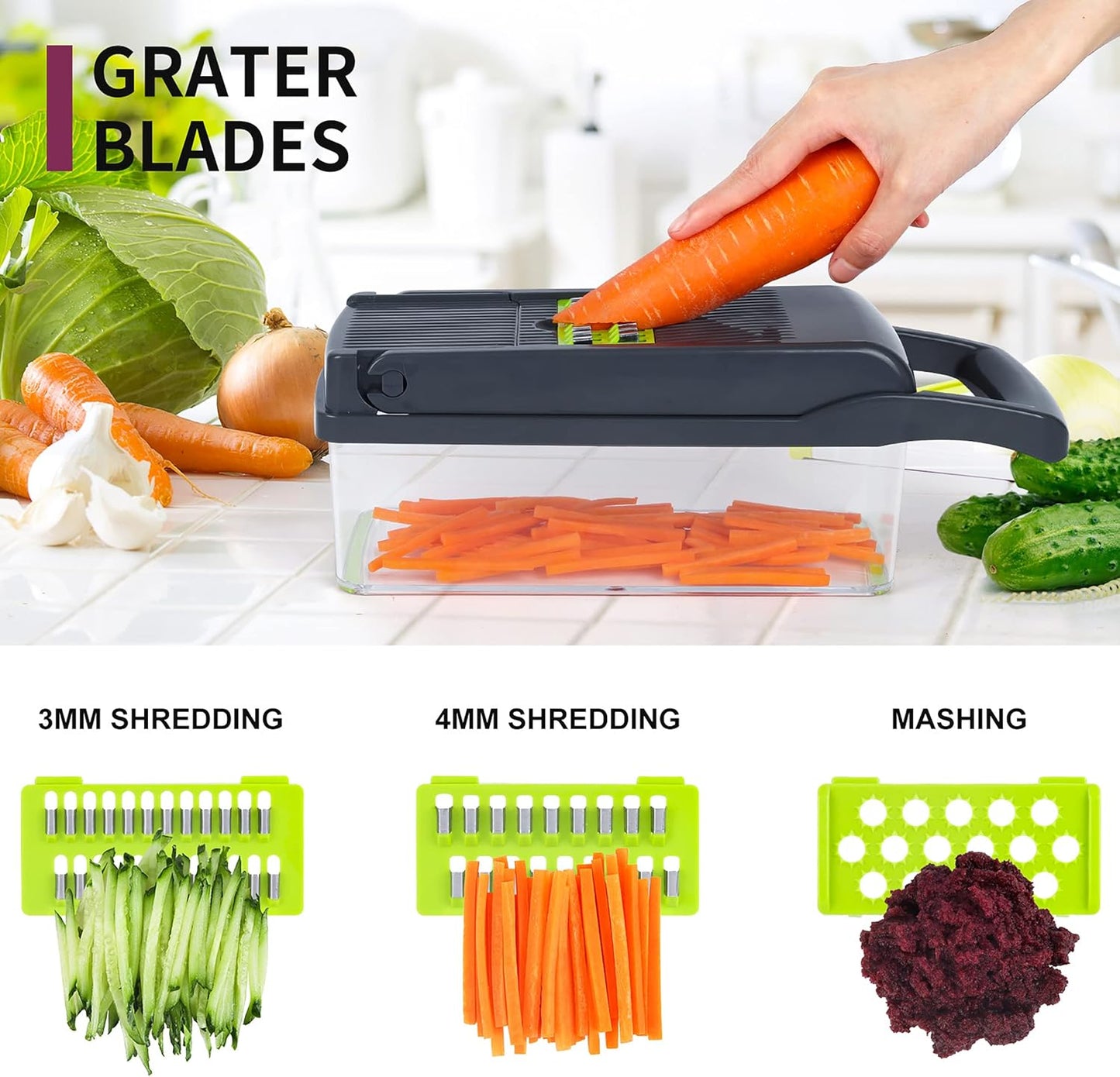 Vegetable Chopper Mandoline Slicer,Veggie Chopper, Multifunctional 10 in 1 Food Choppers, Kitchen Vegetable Slicer Dicer Cutter,Onion Mincer,Cheese,Colander Basket,Kitchen Gadgets (Gray/Green)