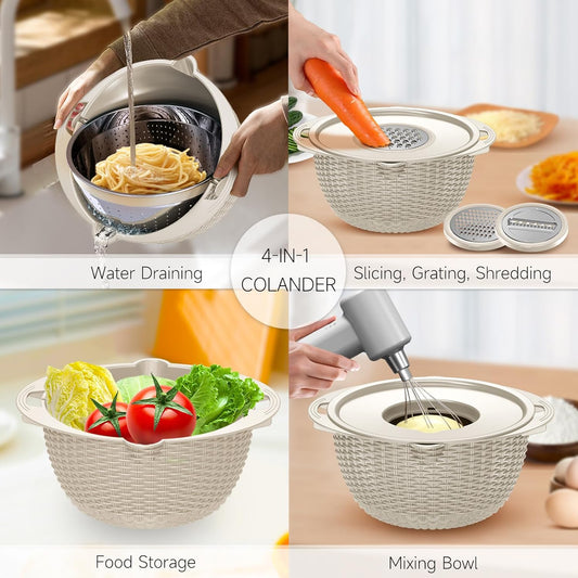 4-1 Colander with Bowl Set - Pasta Strainer - Colander for Kitchen - Strainers and Colanders Rice Strainer Fruit Cleaner Veggie Wash Sink Strainer Kitchen Essentials - Black