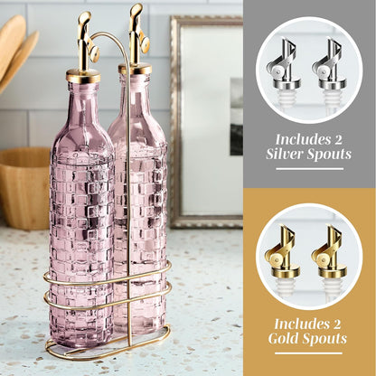 COOK WITH COLOR Glass Olive Oil Bottle Dispenser - 2 Pack- 17oz Oil and Vinegar Cruet - Olive Oil Carafe Decanter for Kitchen, Elegant Waves, Clear