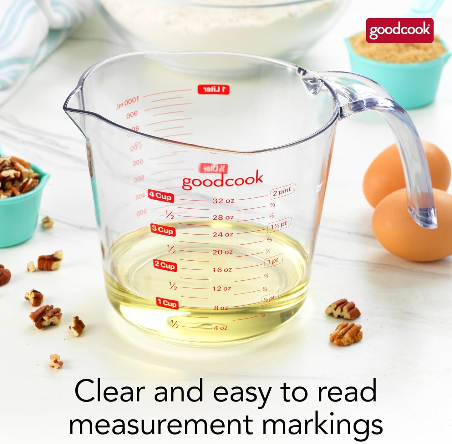 GoodCook Everyday 4-Cup Liquid Measuring Cup, Clear Plastic with Easy-to-Read Markings, Tapered Pour Spout, Comfortable Handle, Measures in Cups, Ounces, Pints, and Milliliters