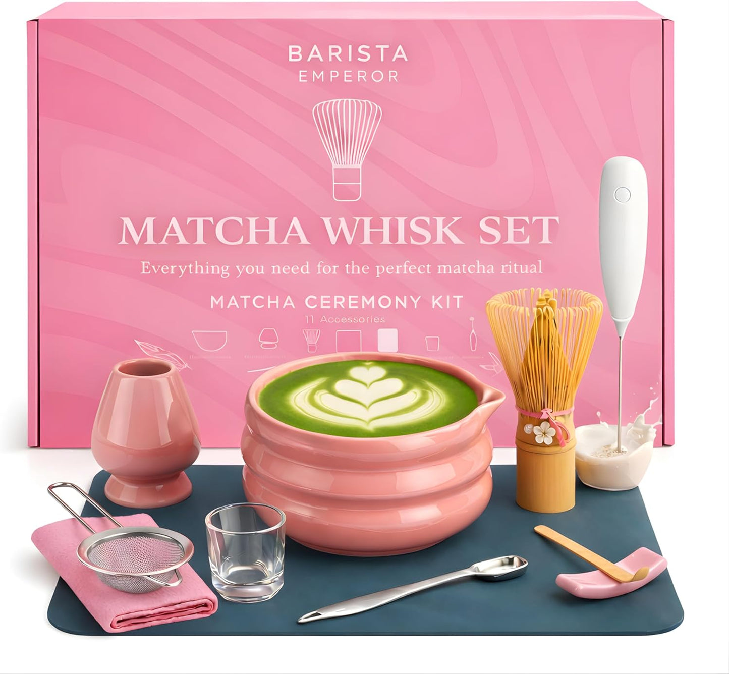 BARISTA EMPEROR® MATCHA WHISK SET PREMIUM 11pcs - Professional Matcha Kit Set with Matcha Bowl, Matcha Whisk, Milk Frother, Spoon, Sifter, Scoop, Stand, Cup, Tea Mat, Cloth - Matcha Bowl Set
