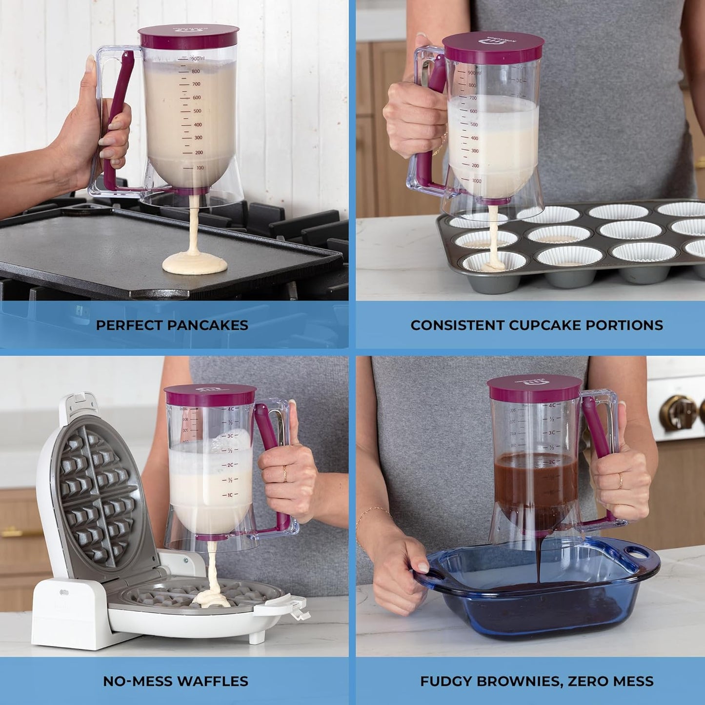 Pancake Batter Dispenser - Kitchen Must Have Tool for Perfect Pancakes, Cupcake, Waffle, Muffin Mix, Cake & Crepe - Easy Pour Baking Supply for Griddle - Pancake Maker with Measuring Label (Turquoise)