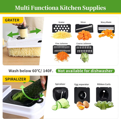 14-In-1 Chopper Vegetable Cutter with 7 Blades, Vegetable Chopper with Container and Lid, Mandoline Slicer for Kitchen, Veggie Slicer for Salad, Cheese Grater, Kitchen Gadgets Accessories Essentials