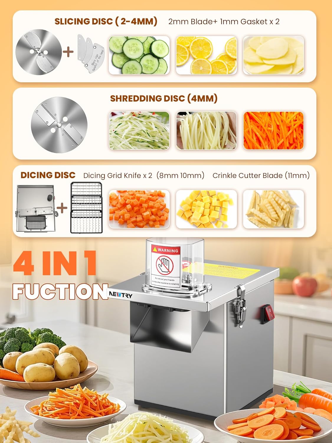 NEWTRY 4 in 1 Commercial Vegetable Processor Electric Veggie Fruit Slicer Dicer Shredder & Strip Crinkle Cutter All Stainless Steel 110volt 200W