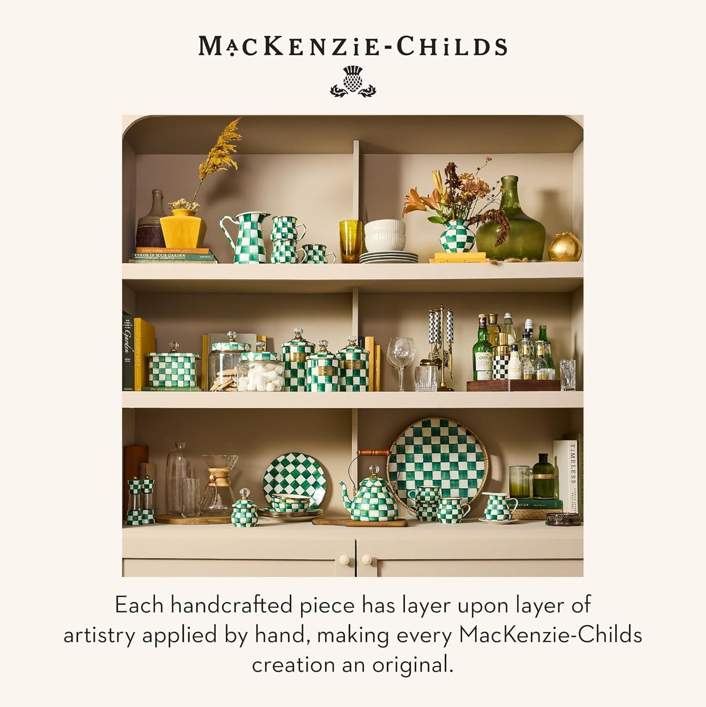 MACKENZIE-CHILDS Silicone Spatulas with Wooden Handles, Silicone Kitchen Spatula Set, 9 Inches and 12.75 Inches, Set of 2, Green-and-White Emerald Check