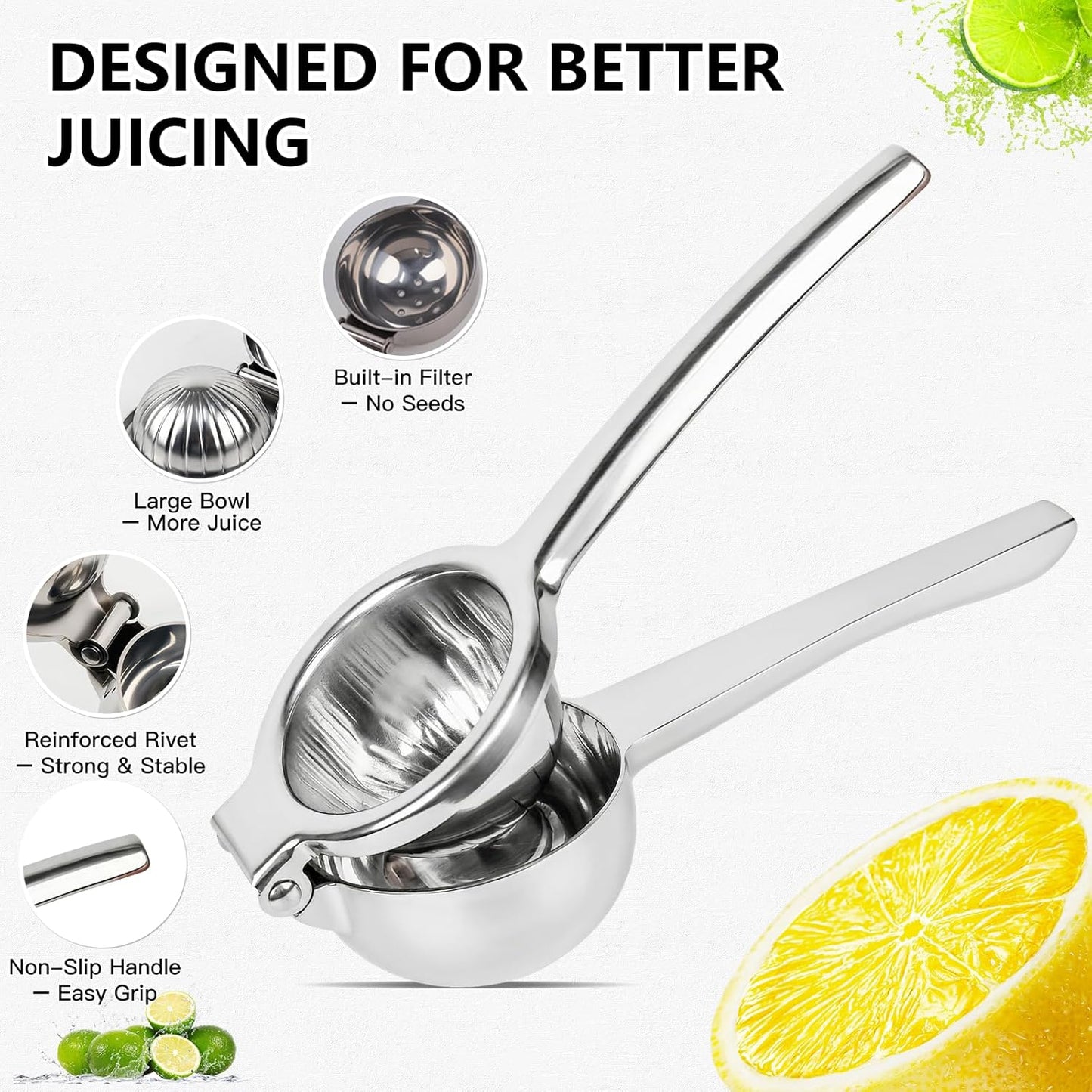 Lemon Squeezer, Stainless Steel Lemon Juicer, Manual Juicer for Lemon Citrus Lime, Foldable Handheld Citrus Squeezer with Seed-Strainer (Silver)