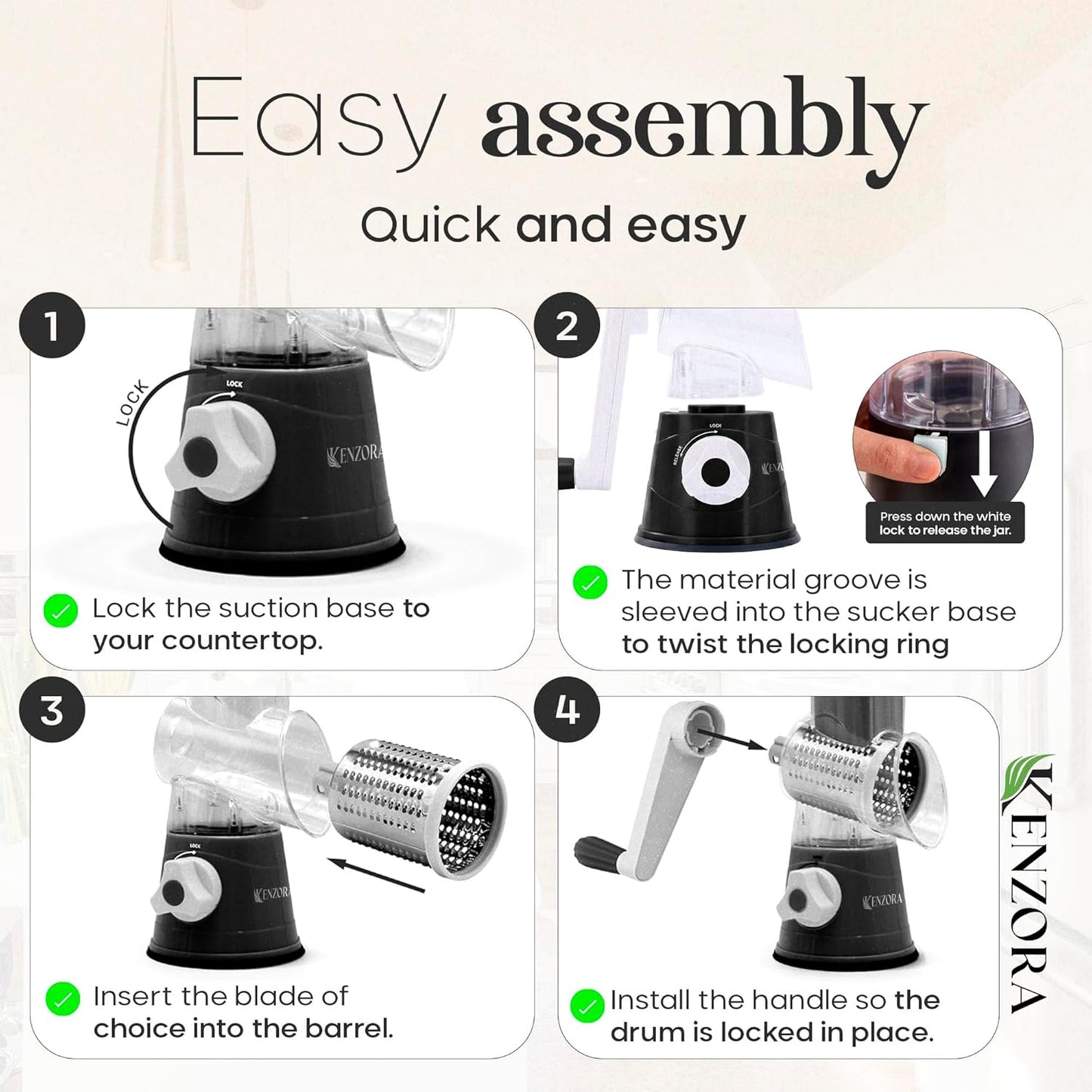 KENZORA Rotary Cheese Grater Hand Crank & Vegetable Chopper - 3-in-1 Manual Cheese Shredder with Handle - Fast Meal Prep Mandoline Slicer - Strong Suction Base & Safe Kitchen Gadgets, Black