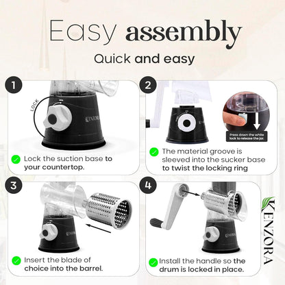 KENZORA Rotary Cheese Grater Hand Crank & Vegetable Chopper - 3-in-1 Manual Cheese Shredder with Handle - Fast Meal Prep Mandoline Slicer - Strong Suction Base & Safe Kitchen Gadgets, Black
