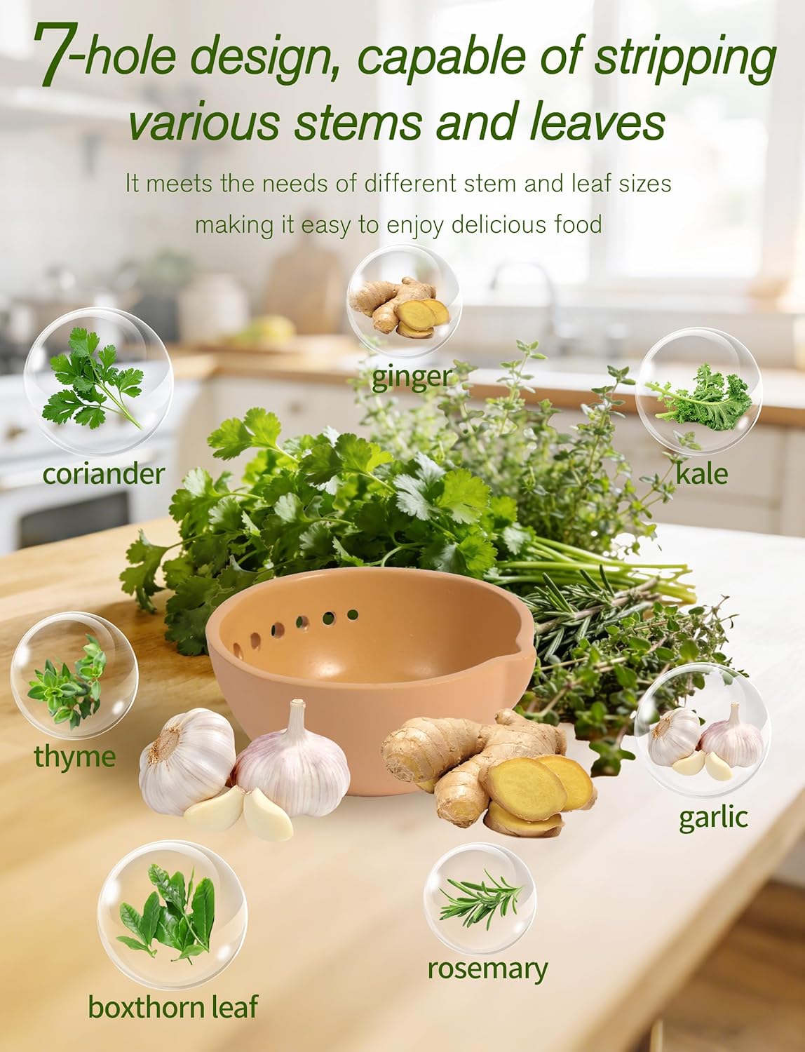 Herb Stripper & Garlic Grater, 2-In-1 7-Hole Design Herb Stripper Bowl, Built-in Garlic Grater Plate for Kale, Chard, Collard Greens, Thyme, Basil, Rosemary (Red)
