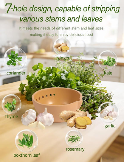 Herb Stripper & Garlic Grater, 2-In-1 7-Hole Design Herb Stripper Bowl, Built-in Garlic Grater Plate for Kale, Chard, Collard Greens, Thyme, Basil, Rosemary (Red)