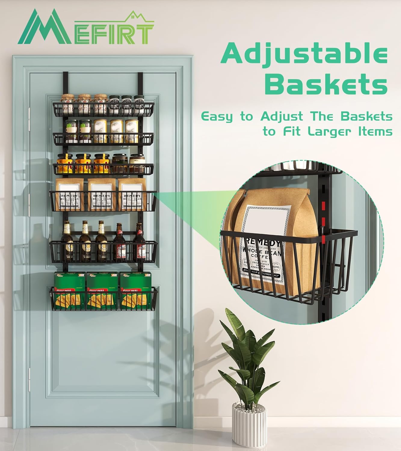 Mefirt White 9-Tier Over The Door Pantry Organizer, Pantry Organization and Storage, Deep Baskets Hanging Heavy-Duty Metal, Wall Spice Rack Seasoning Shelves for Home & Kitchen, Laundry Room Bathroom