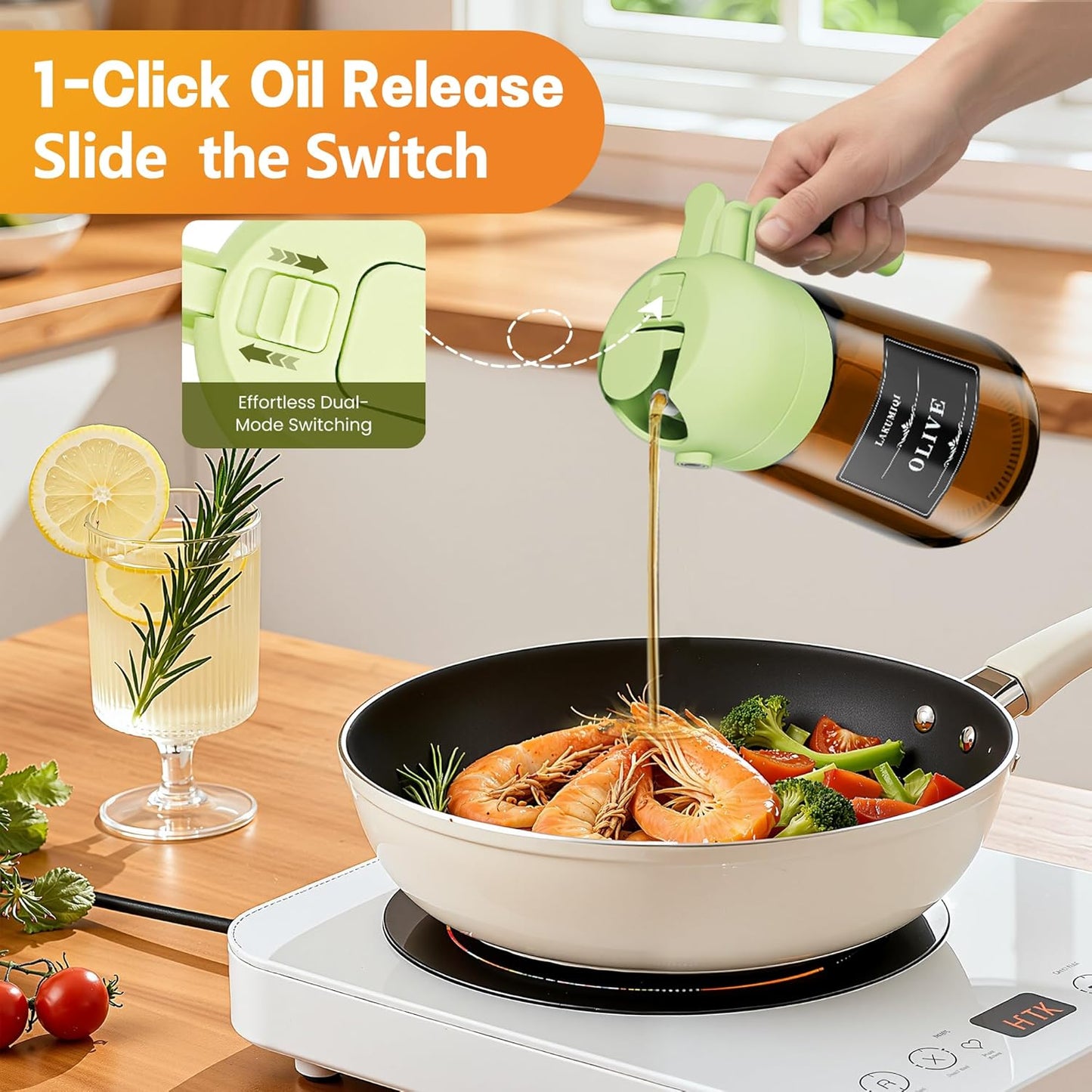 OURCABECUE 2 in 1 Olive Oil Sprayer for Cooking, 16oz/470ml Light-Blocking Dark Olive Oil Dispenser Bottle for Kitchen, Food-Grade Glass Oil Mister with 8 Oil Stickers