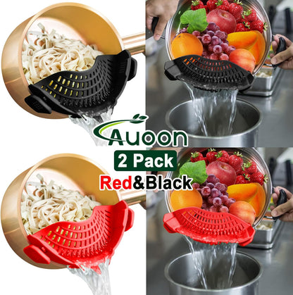 2PACK AUOON Clip on Strainer for All Pots Pans - Silicone Pasta Strainer Kitchen Colander for Draining Noodles Spaghetti Ground Beef Grease｜Easy to Use and Store, Dishwasher Safe (BlackGreen)