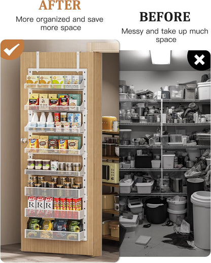 POKIPO Over the Door Pantry Organizer 8-Tier, Large Metal Door Spice Rack with Adjustable Basket, 2 in 1 Wall Mount or Hanging Heavy-Duty Pantry Door Storage Shelf for Kitchen and Bathroom, White
