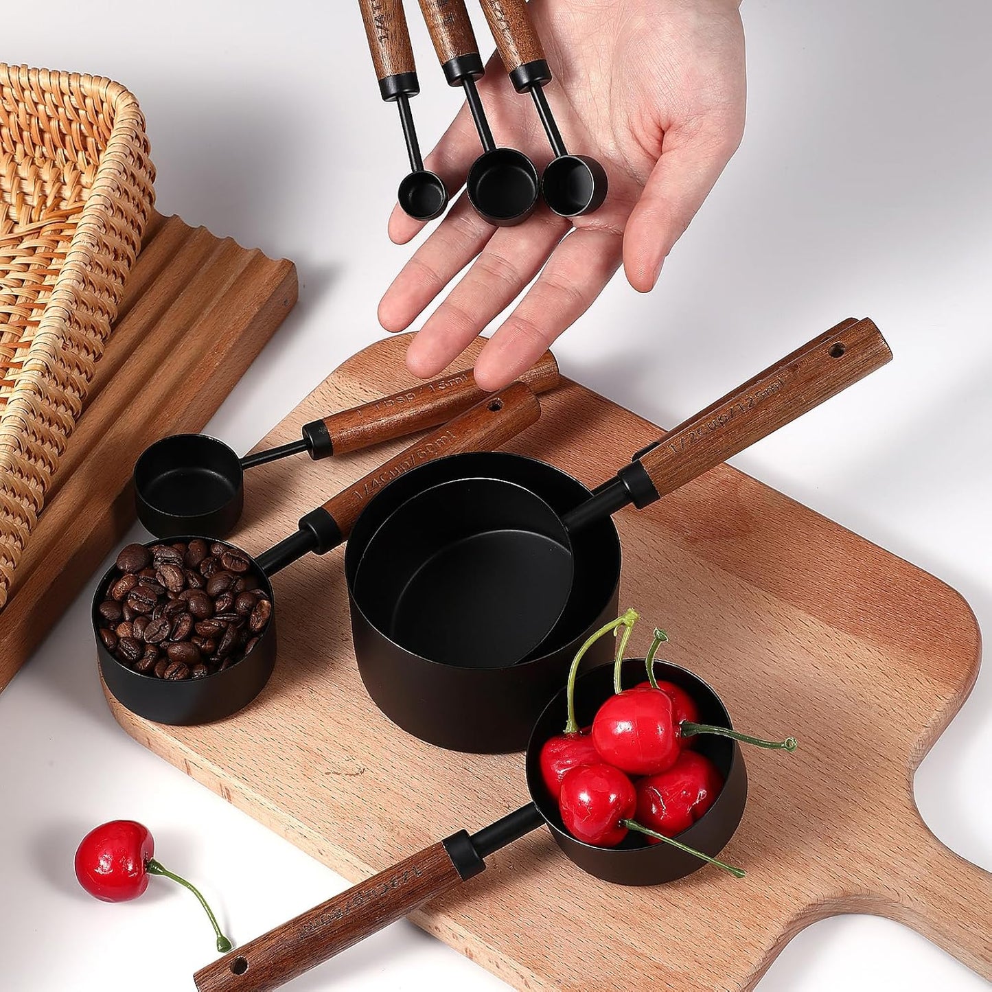 Stainless Steel Measuring Cups Set and Measuring Spoons Wooden Handle Metal Measure Cups and Spoons for Cooking and Baking, Gold, 8 Piece