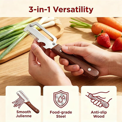 3 in 1 Vegetable Peeler, Stainless Steel Julienne Peeler with Solid Wood Handle, Multi‑Functional Fruit Potato Carrot Cucumber Slicer Shredder, Food‑Grade Kitchen Peeling Tool for Home Cooking