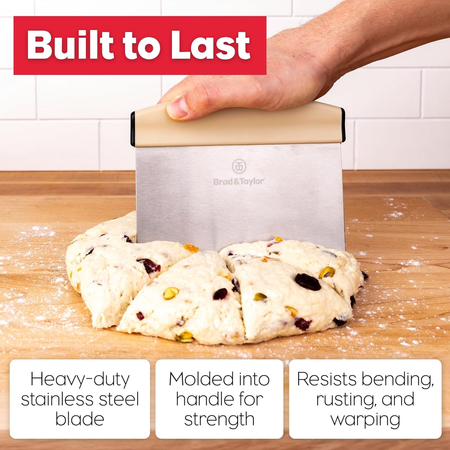 Brod & Taylor Bench Knife with 1" Markings and Non-Slip Rubber Handle, Dough Cutter for Home-Kitchen Baking (6" x 5.25" Surface), 100% Dishwasher Safe