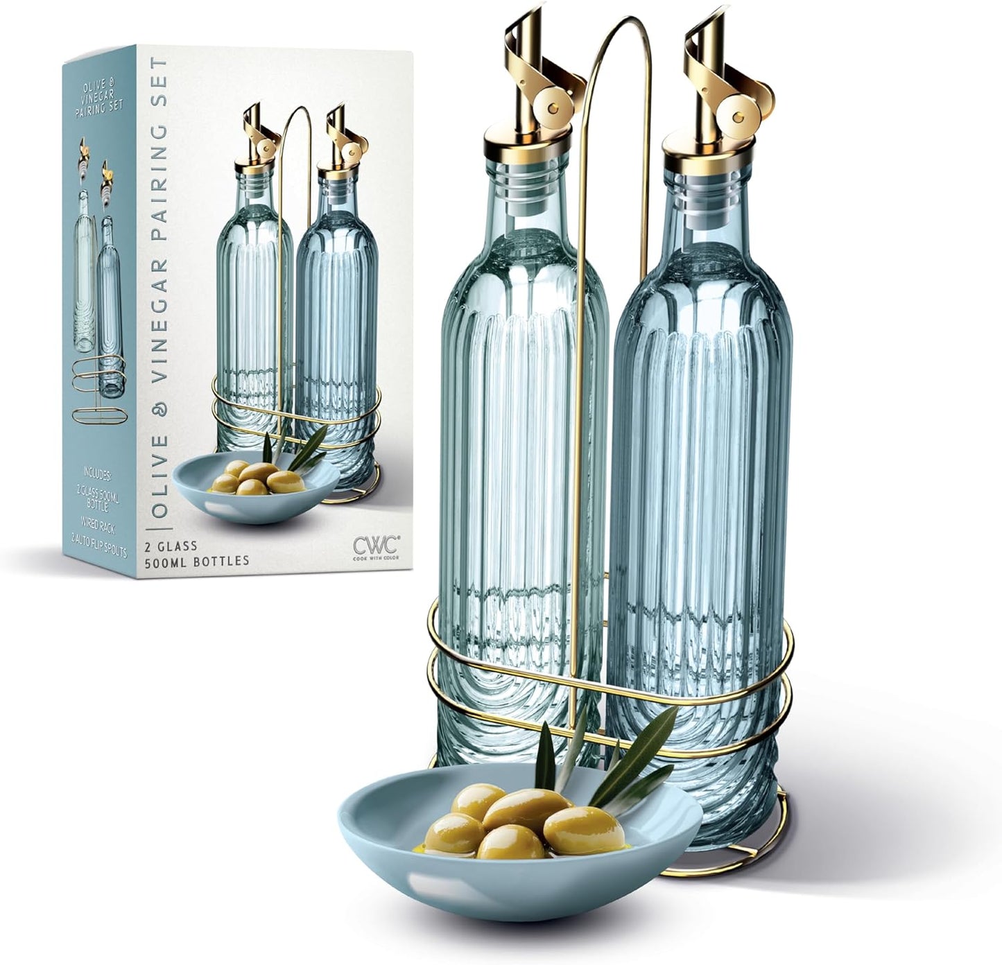 COOK WITH COLOR Glass Olive Oil Bottle Dispenser - 2 Pack- 17oz Oil and Vinegar Cruet - Olive Oil Carafe Decanter for Kitchen, Elegant Waves, Clear