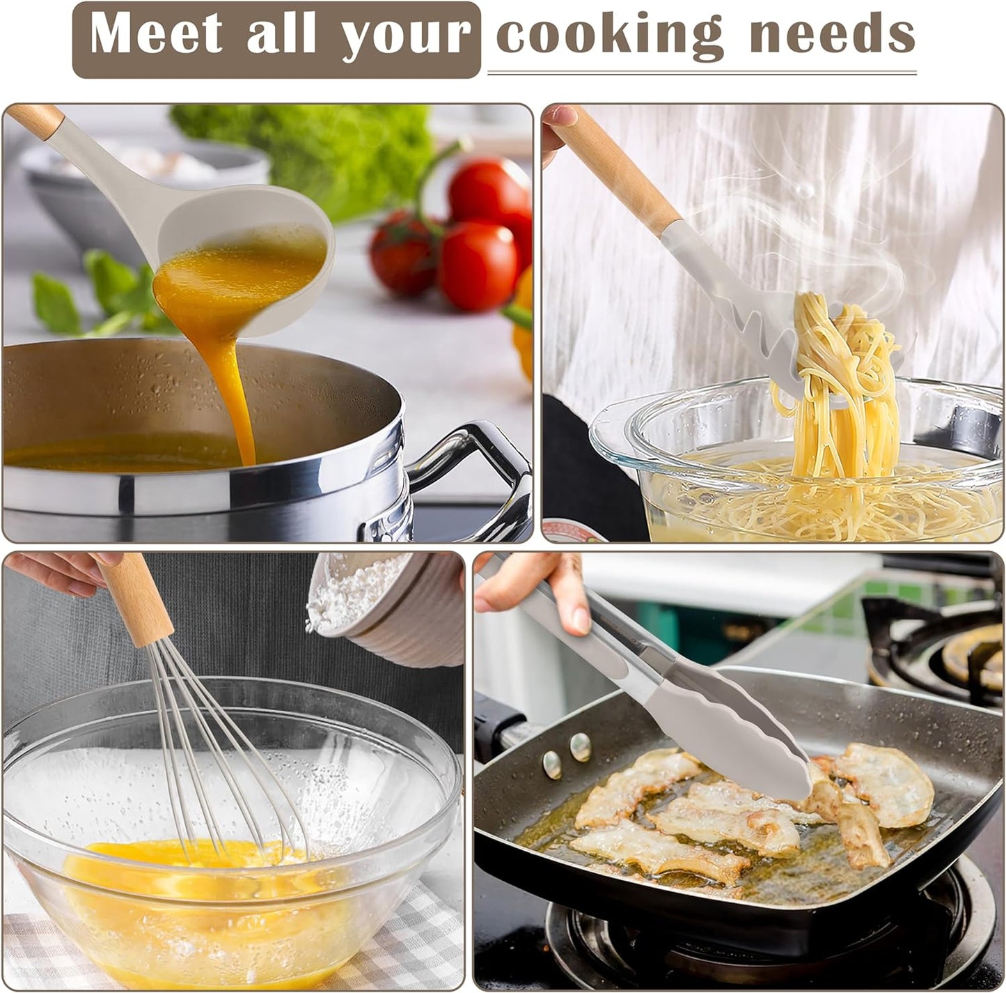 E-far Silicone Cooking Utensils Set, 10-Piece Heat Resistant Kitchen Utensils Set with Wooden Handle for Nonstick Cookware, Kitchen Nonstick Tools Spatula Whisk Tongs Ladle, Non-toxic & Healthy(Khaki)