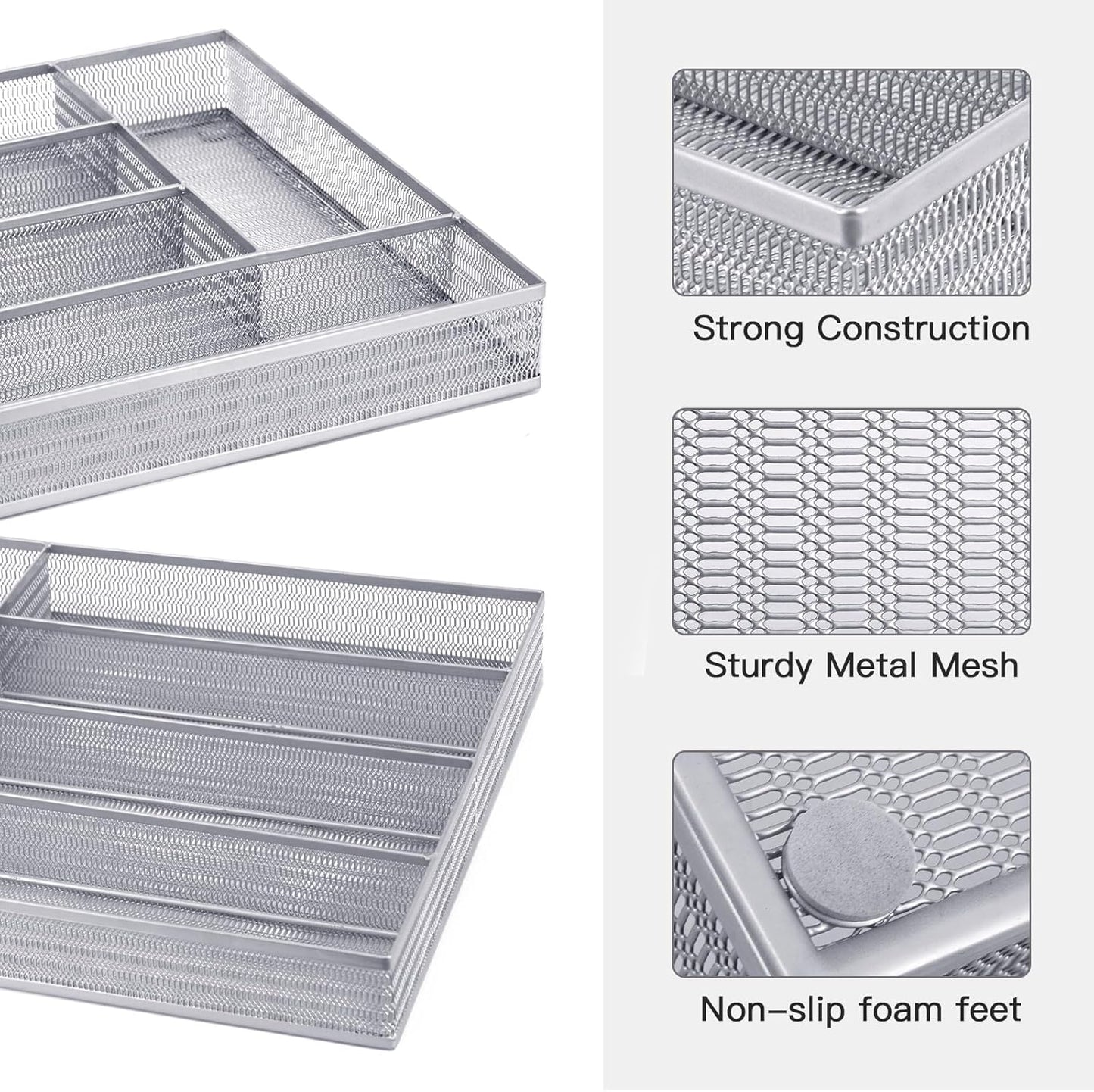 Neudeco Silverware Drawer Organizer - 5 Compartment Cutlery Tray with Non-Slip Feet, Mesh Wire Flatware Storage Divider for Kitchen, Bedroom, Living Room (Silver)