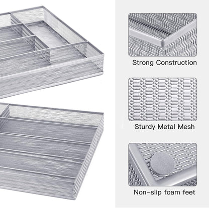 Neudeco Silverware Drawer Organizer - 5 Compartment Cutlery Tray with Non-Slip Feet, Mesh Wire Flatware Storage Divider for Kitchen, Bedroom, Living Room (Silver)