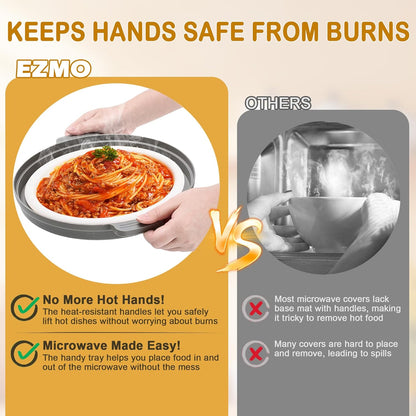 EZMO 2 in 1 Collapsible Microwave Splatter Cover for food, with Tray & Handles - Vented Silicone Splatter Guard Lid - Vegetable Fruit Colander - BPA-Free Kitchen Gadget for Meal Prep – 10.7 inch