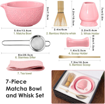 Matcha Whisk Set Matcha Kit - 7 Pcs Japanese Tea Set Includes Matcha Bowl with Spout,Bamboo Whisk with Ceramic Holder,Bamboo Scoop and Rest,Sifter,Tea Towel, for Ceremony Matcha Lovers Gift,Green