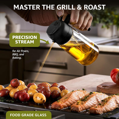 FineDine 16oz Olive Oil Sprayer for Cooking, 2 in 1 Olive Oil Dispenser Bottle for Kitchen, Air Fryer, Salad, BBQ & Baking – Dual Spray Mist & Stream, with Measurement Marks, Black