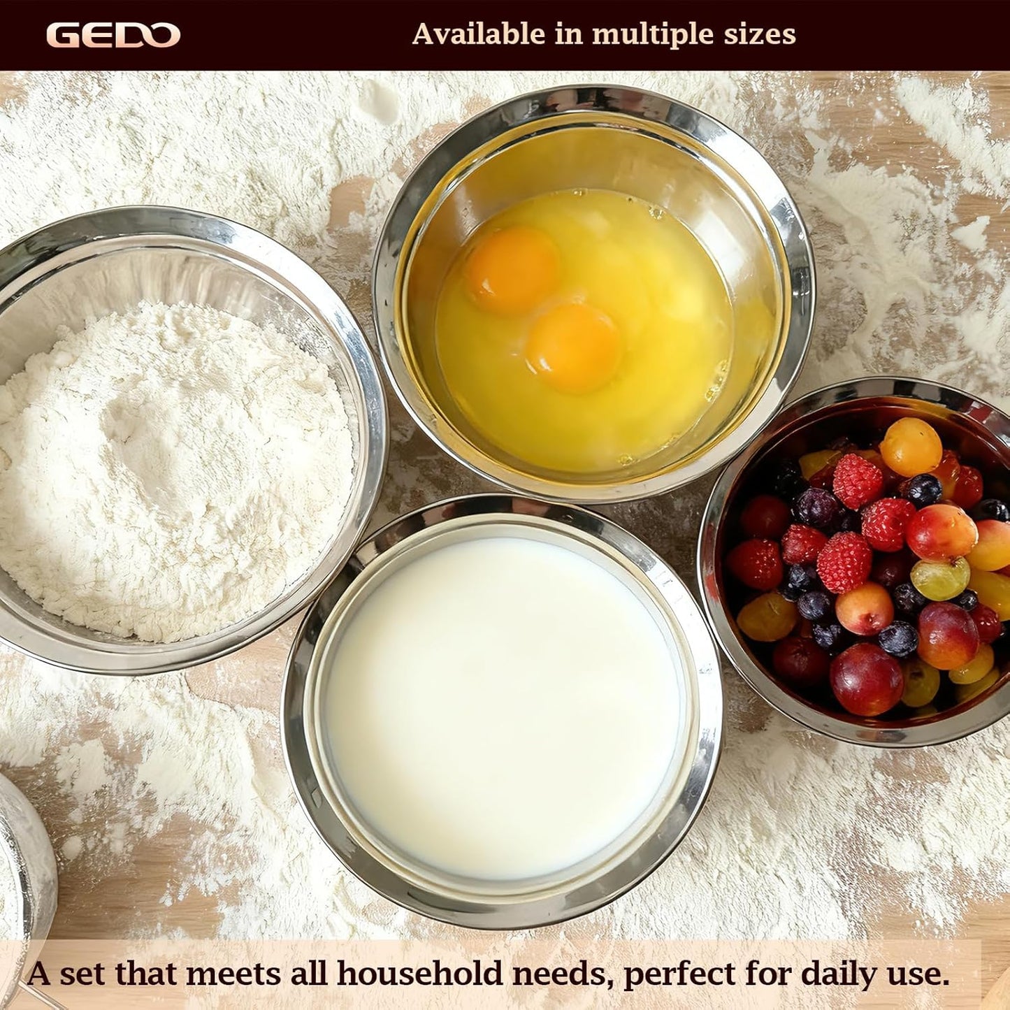 GEDO Stainless Steel 4 Piece Mixing Bowls Set, SUS316 Metal Nesting Bowls, Silver, Kitchen Food Prep Serving Bowls (7.07/8.64/10.21/11.79 in)