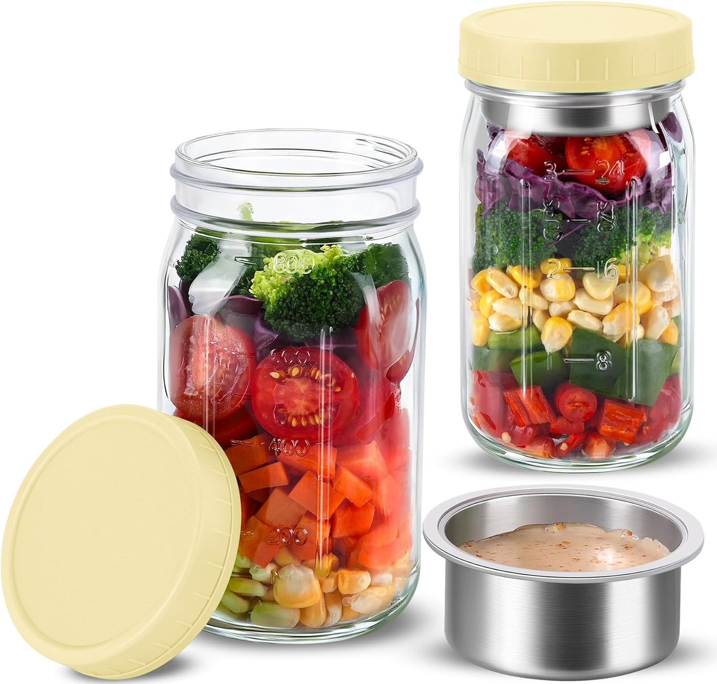 KTKUDY 4 Pack 32 oz Glass Salad Jars with Dressing Cups (Pod) - Meal Prep Salad Container for Lunch - Leakproof Mason Jars with Lids