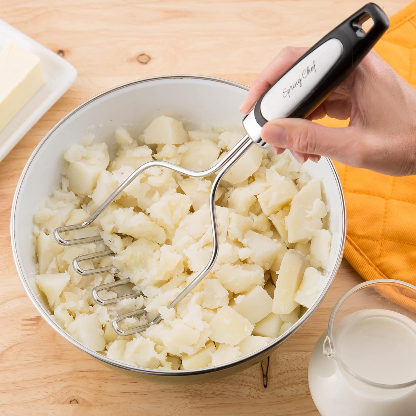 Spring Chef Stainless Steel Premium Vegetable Peeler with Potato Masher, Soft Grip Handle Metal Food Peeler and Masher for Fruit & Vegetables